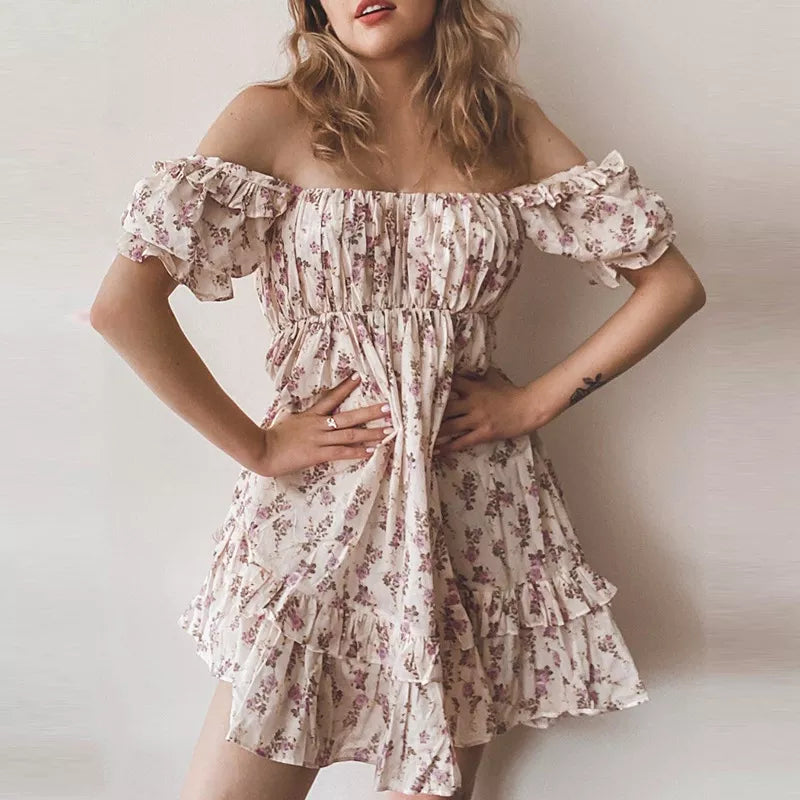 floral off shoulder puff sleeve dress